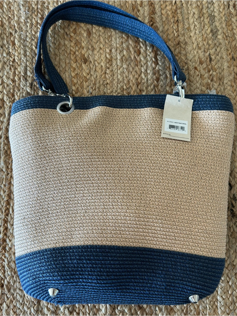 NWT Blue & Tan Woven Straw Jute Tote Nautical Beach Coastal Vacation Resort